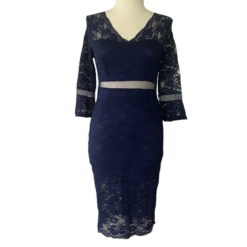 NWT Metisu Blue Lace Cutout Sheath Midi Dress Women’s Large - Picture 2 of 8